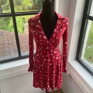 NWT Free People Pop Combo Tiny Floral and Lace Dress Long sleeve Red & Pink XS